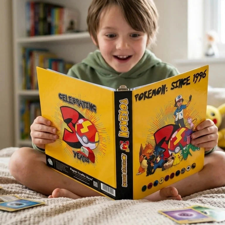 A young boy sitting cross-legged on a bed, smiling while holding an open yellow Pokémon book. The room is softly lit with a window in the background, and plush toys are visible on the bed.