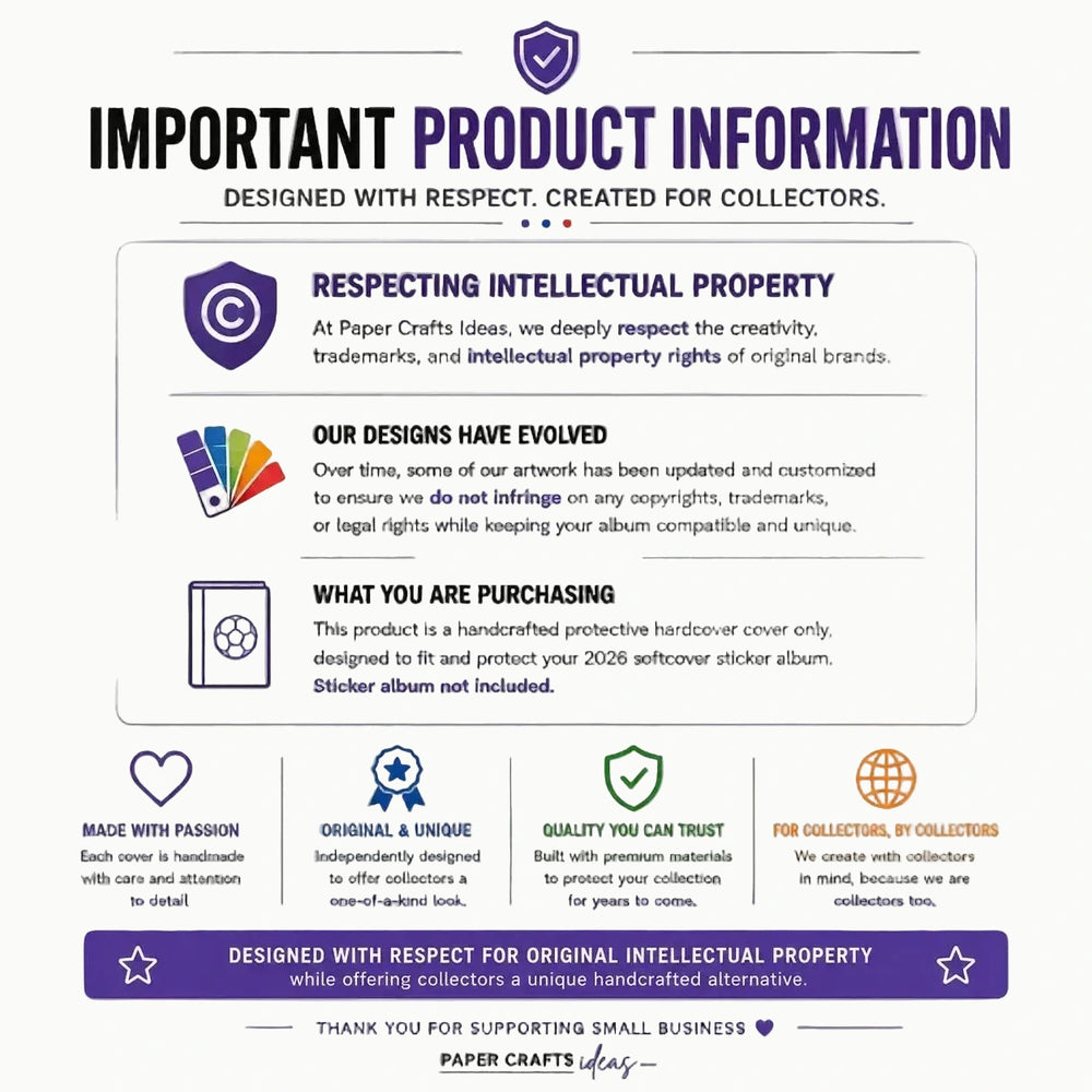 An informational graphic with the heading 'IMPORTANT PRODUCT INFORMATION' and several text blocks explaining product details, including that the item is a handmade protective handcover and a sticker album is not included. The design uses purple, white, and small multicolor icon accents on a white background.