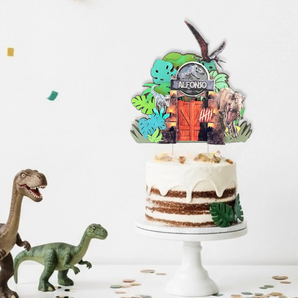 Dinosaur Jurassic World Cake Topper – 3D Jungle, T-Rex & Raptors, Name & Age
