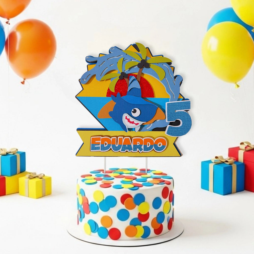 Sharkdog Cake Topper — Custom Name & Age | Kids Birthday Party Decoration