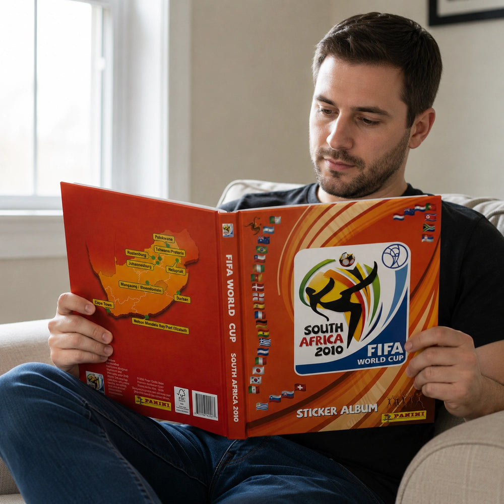 A man sitting on a couch reads a large FIFA World Cup South Africa 2010 sticker album. The album is bright orange-red with the tournament logo on the cover and Panini branding visible.