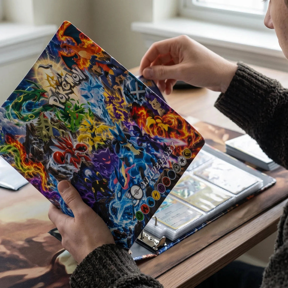 A person seated at a desk holds up a colorful printed sheet or card featuring a highly detailed fantasy illustration with many bright hues. The scene includes a window, desk accessories, and an open binder or album on the table.