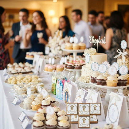 Elegant baptism and first communion dessert table with cupcakes, crosses and floral decorationsrt table with cupcakes, crosses and floral decorations