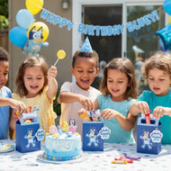 Bluey birthday party decorations with kids, cake topper, balloons and personalized party favors setup