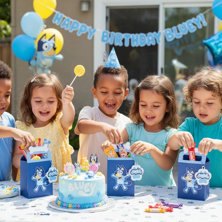 Bluey birthday party decorations with kids, cake topper, balloons and personalized party favors setup