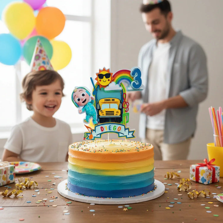 Cocomelon cake topper with personalized name on kids birthday cake decoration