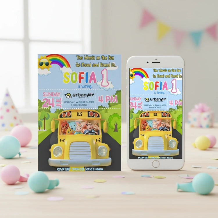 Shop Cocomelon birthday invitations for kids. Editable and printable templates, easy to customize and perfect for a fun celebration.
