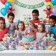 Sesame Street party favors with personalized treat boxes and kids birthday setup