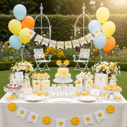 First Trip Around the Sun birthday party table with sun cake, cupcakes, balloons, and yellow decorations