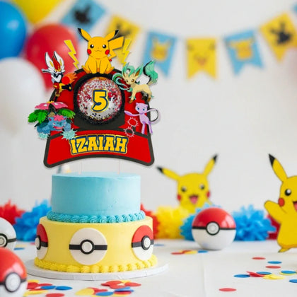 Pokemon birthday party decorations with Pikachu cake topper, balloons, and personalized kids party setup