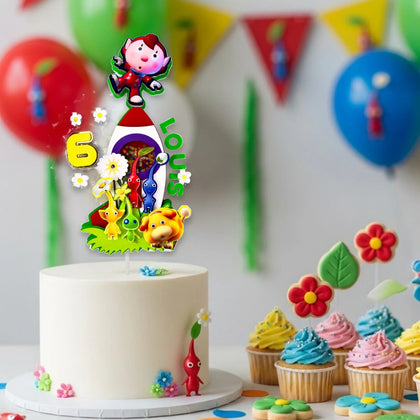 Pikmin birthday party decorations with cake topper, balloons and colorful kids party setup