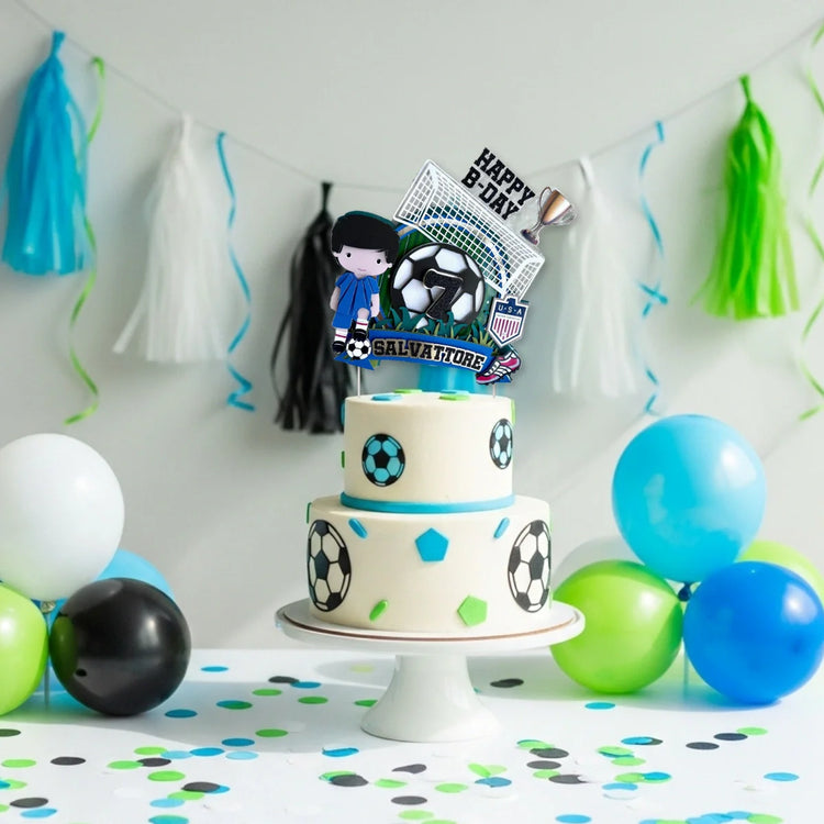 Soccer birthday party decorations with cake topper, balloons and personalized sports themed kids party setup