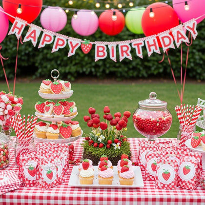Strawberry themed birthday party table with cupcakes, candy jars and red decorations