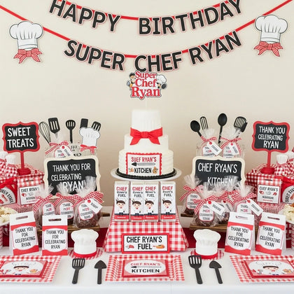 Super chef birthday party table with red gingham decorations cake and favors