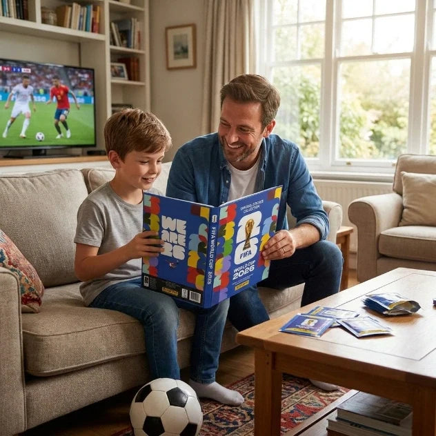 Man and child reading a book together in a living room with a soccer ball and TV in the background.