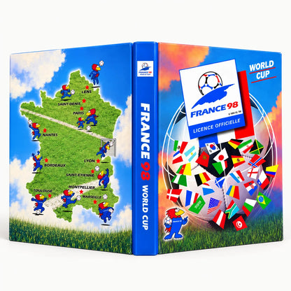 Official France 1998 World Cup licensed box set featuring a blue hardcover with a green map of France, illustrated soccer players, a soccer ball, and a pile of national flags on the front cover.