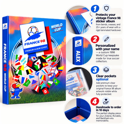 France 1998 World Cup premium album cover box set shown on a white background with four circular callout panels explaining features: protection, personalization, clear pockets, and handmade display.