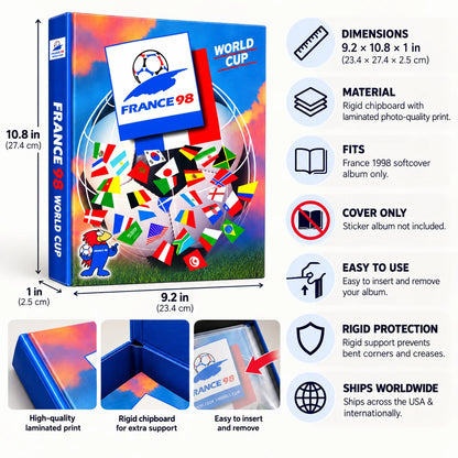 Box packaging for a France 1998 World Cup sticker album, shown with product dimensions, material details, usage benefits, and shipping claims on a white background.