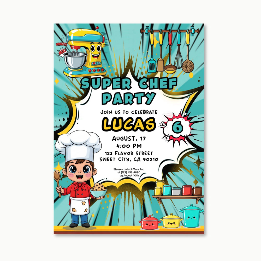 Super Chef Birthday Invitation | Editable Cooking Party Invite | Kids Baking Theme Digital Download | Printable PDF Template
