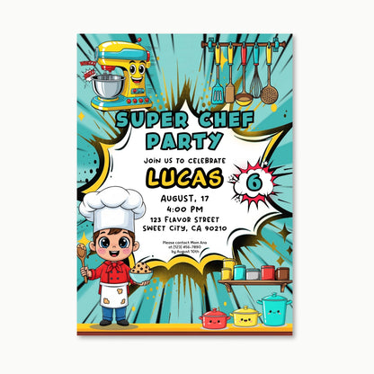 Super Chef Birthday Invitation | Editable Cooking Party Invite | Kids Baking Theme Digital Download | Printable PDF Template