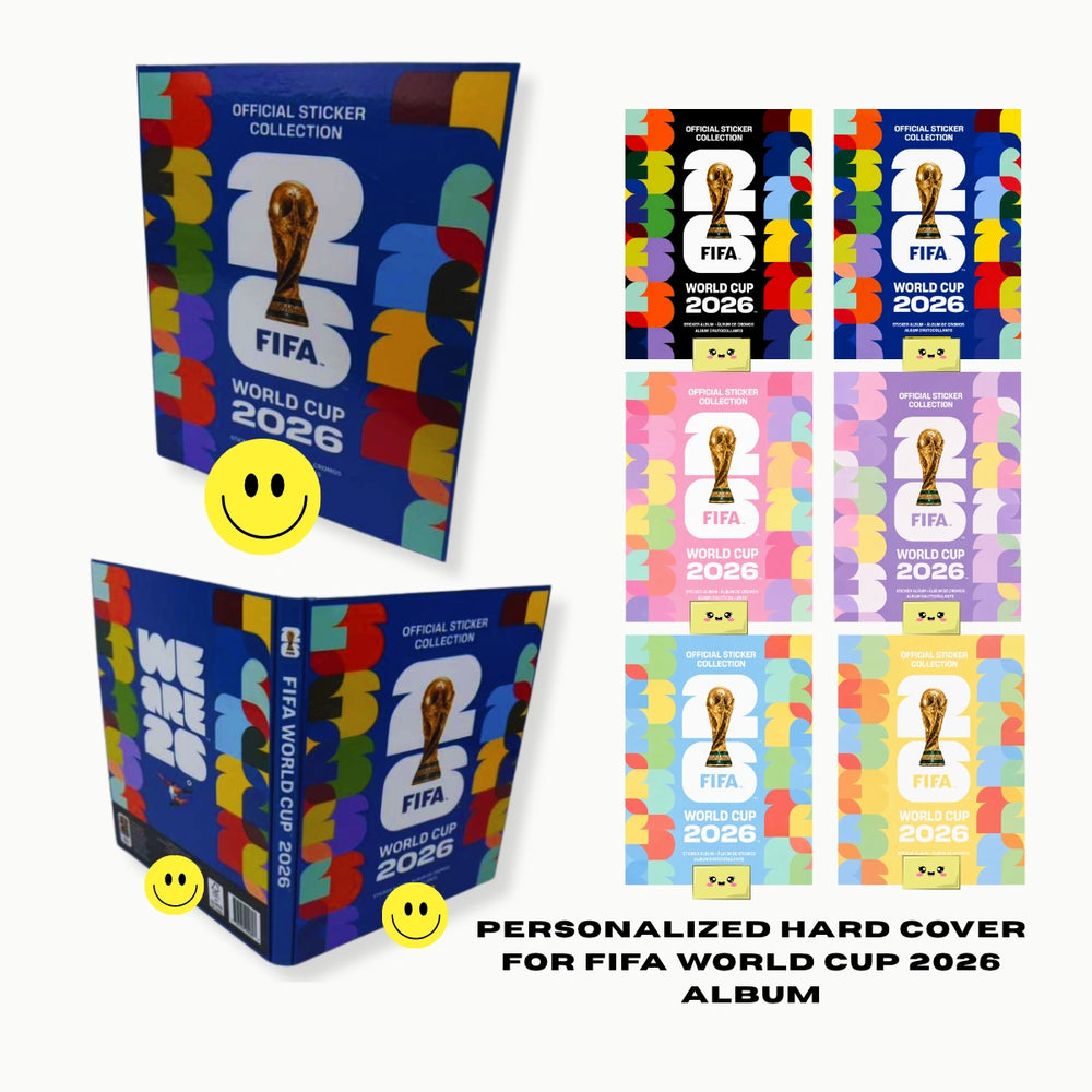 FIFA World Cup 2026 album with colorful stickers and a personalized hard cover.