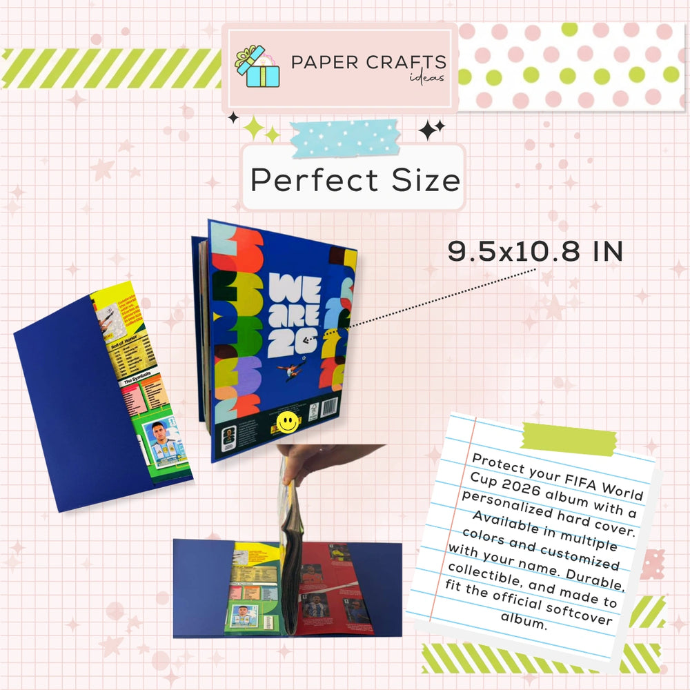 FIFA World Cup album with colorful design and personalized hard cover on a checkered background.
