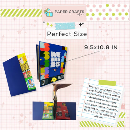 FIFA World Cup album with colorful design and personalized hard cover on a checkered background.
