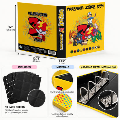 Handmade 30th Anniversary Pokémon card binder with metal rings holding 9-pocket trading card pages