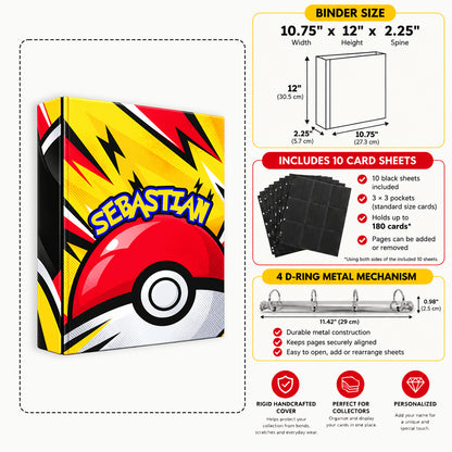 Personalized Pokemon card binder showing back cover, spine and front with custom name Sebastian