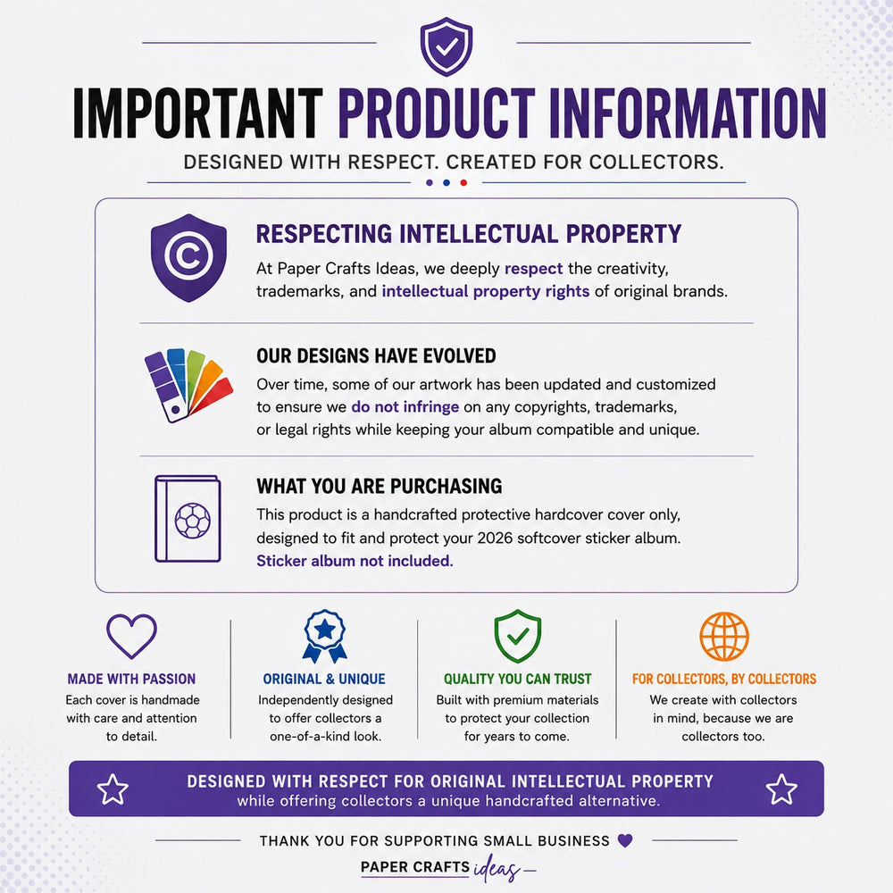 An informational graphic with the heading 'IMPORTANT PRODUCT INFORMATION' and several text blocks explaining product details, including that the item is a handmade protective handcover and a sticker album is not included. The design uses purple, white, and small multicolor icon accents on a white background.
