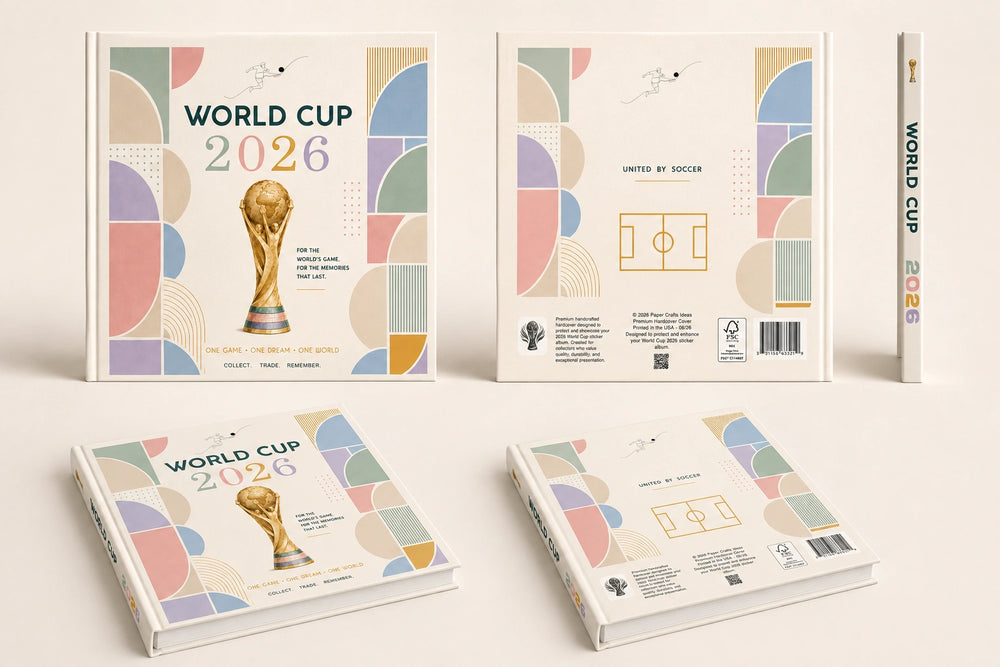 A set of printed booklets or boxes featuring international Cup 2026 soccer graphics, shown from multiple angles on a clean off-white background. 