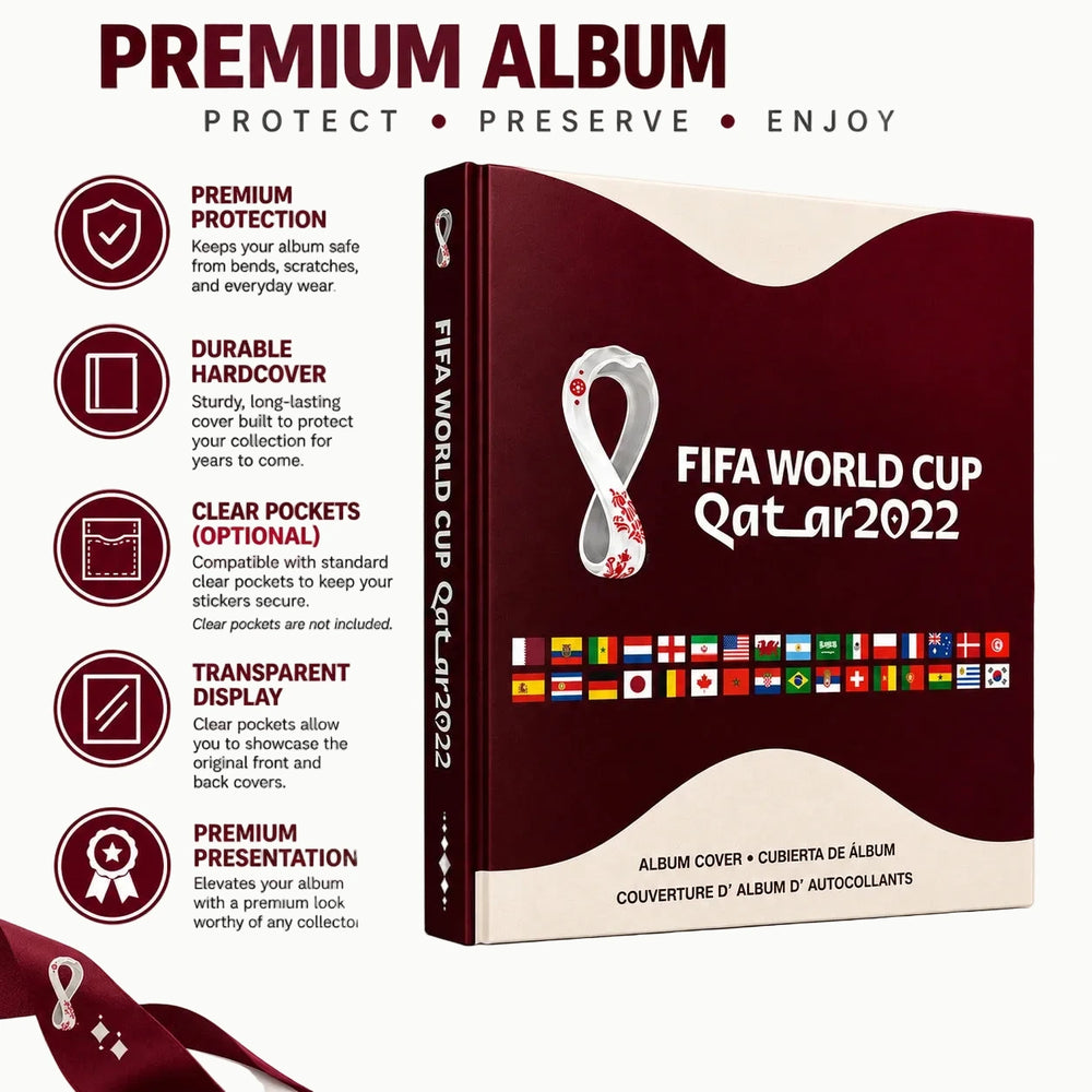 Promotional graphic for a FIFA World Cup Qatar 2022 premium album cover, showing a red and white album box with a ribbon design and several feature icons on the left.