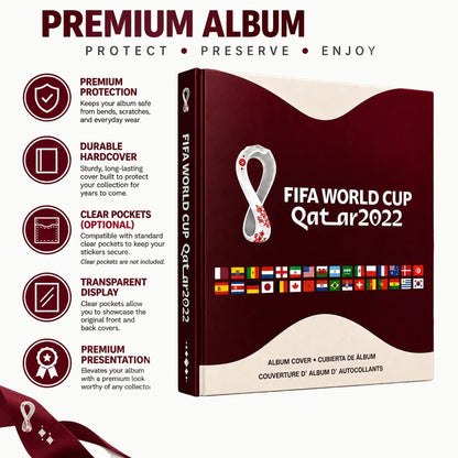 Promotional graphic for a FIFA World Cup Qatar 2022 premium album cover, showing a red and white album box with a ribbon design and several feature icons on the left.
