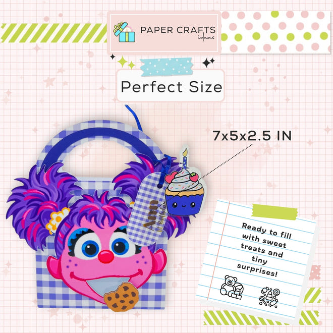Abby Cadabby Pink character with purple hair and blue checkered bag on a patterned background with text about size and use.