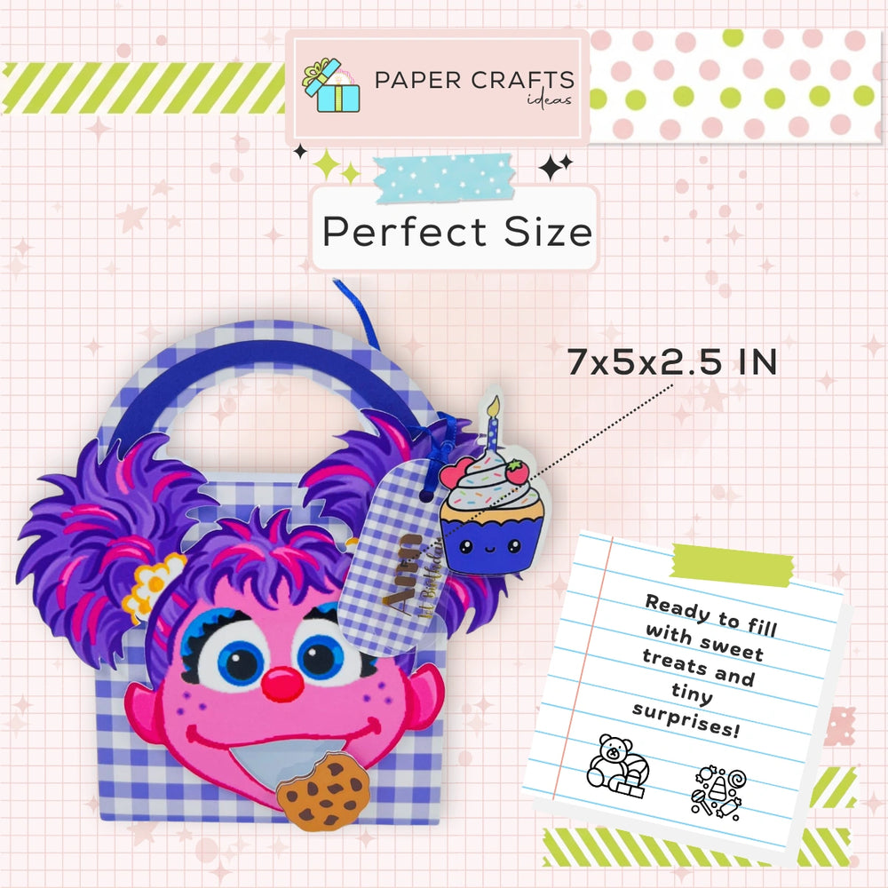Abby Cadabby Pink character with purple hair and blue checkered bag on a patterned background with text about size and use.