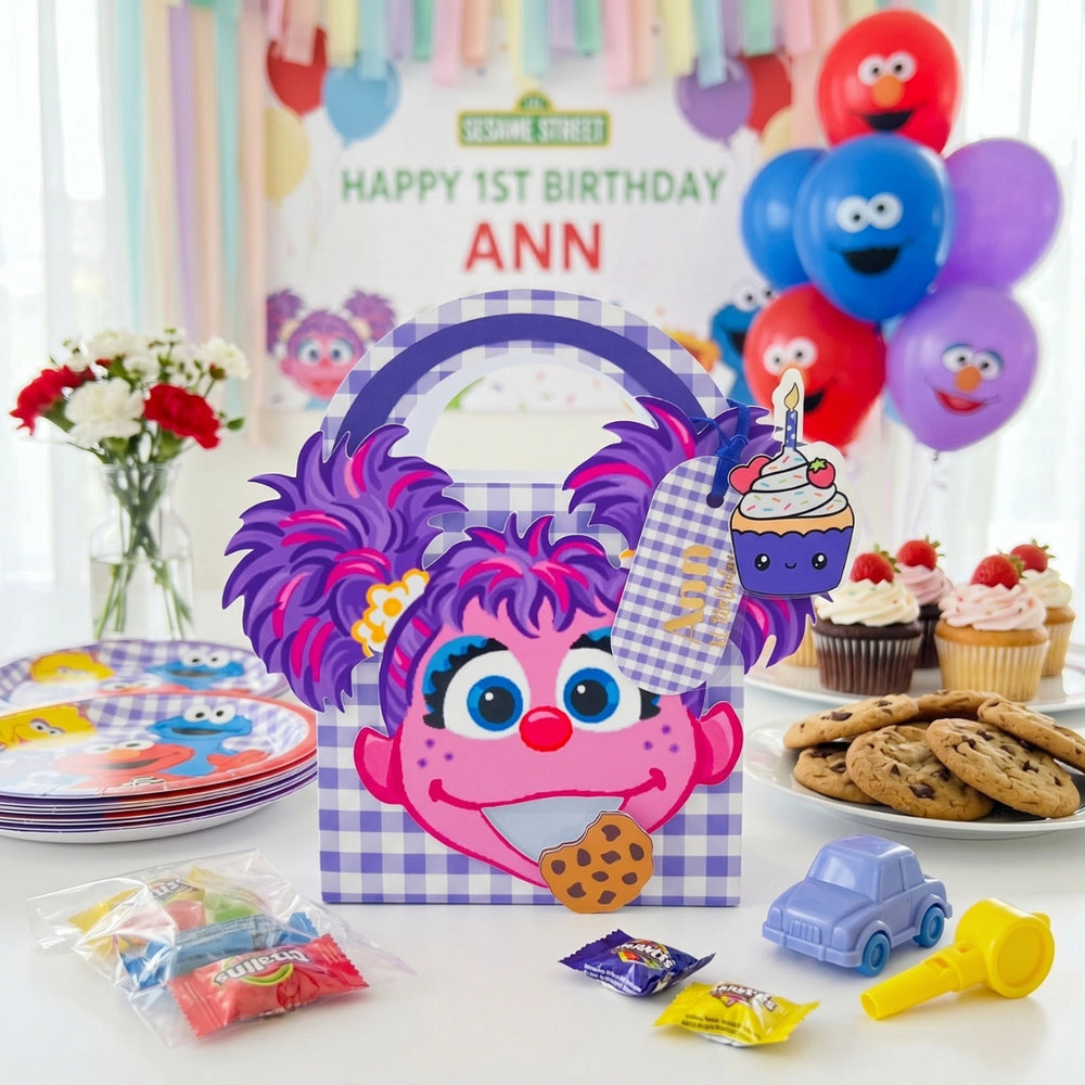 Birthday party setup with Abby Cadabby Sesame Street-themed decorations and cookies.