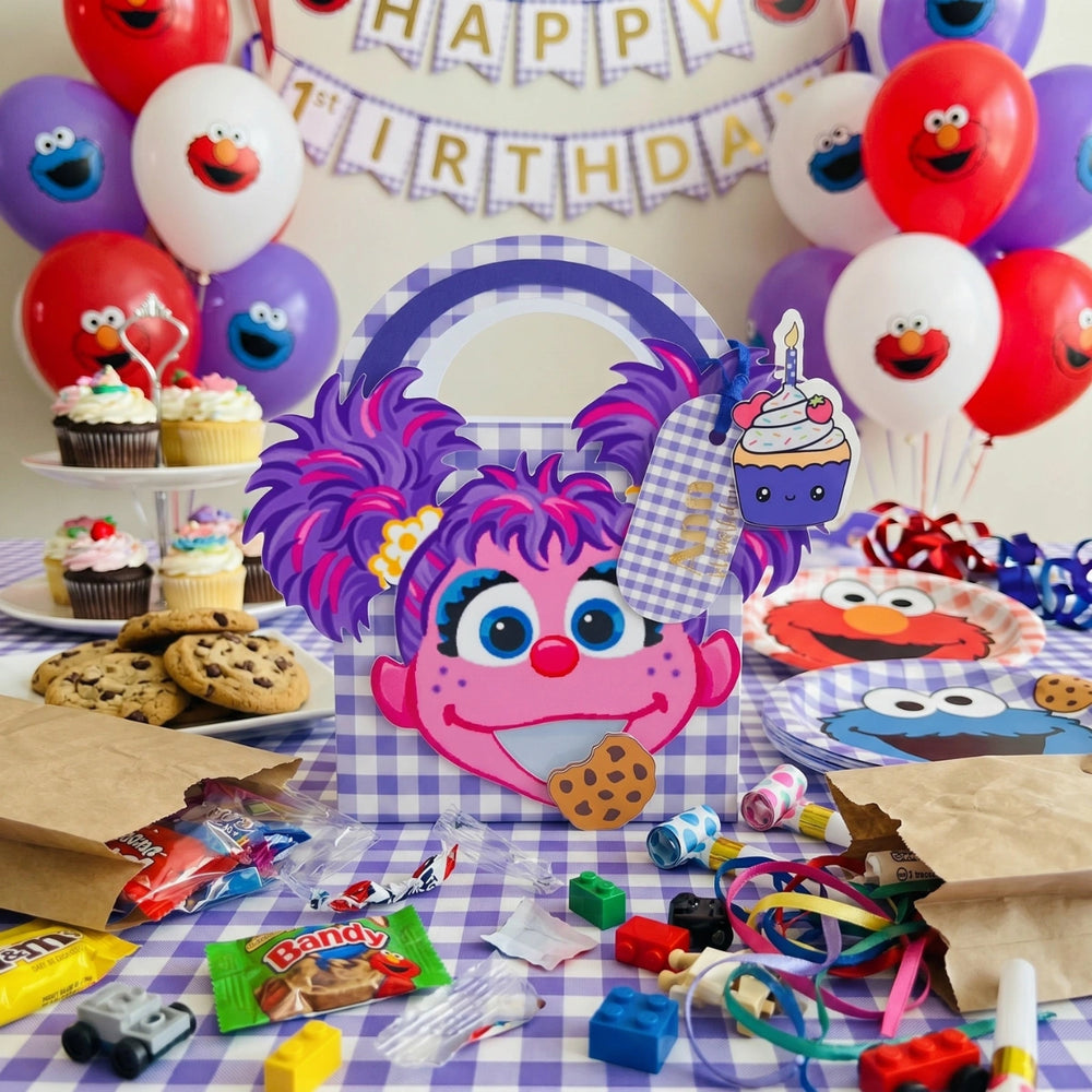 Birthday party setup with Abby Cadabby Sesame Street-themed decorations and balloons.