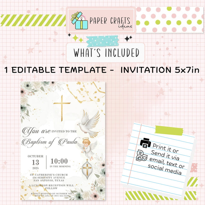 Elegant Baptism Invitation | Editable Christening Template | Baby Girl or Boy Printable Invite | Instant Download