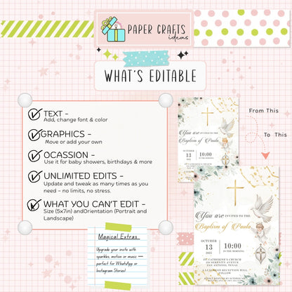 Elegant Baptism Invitation | Editable Christening Template | Baby Girl or Boy Printable Invite | Instant Download