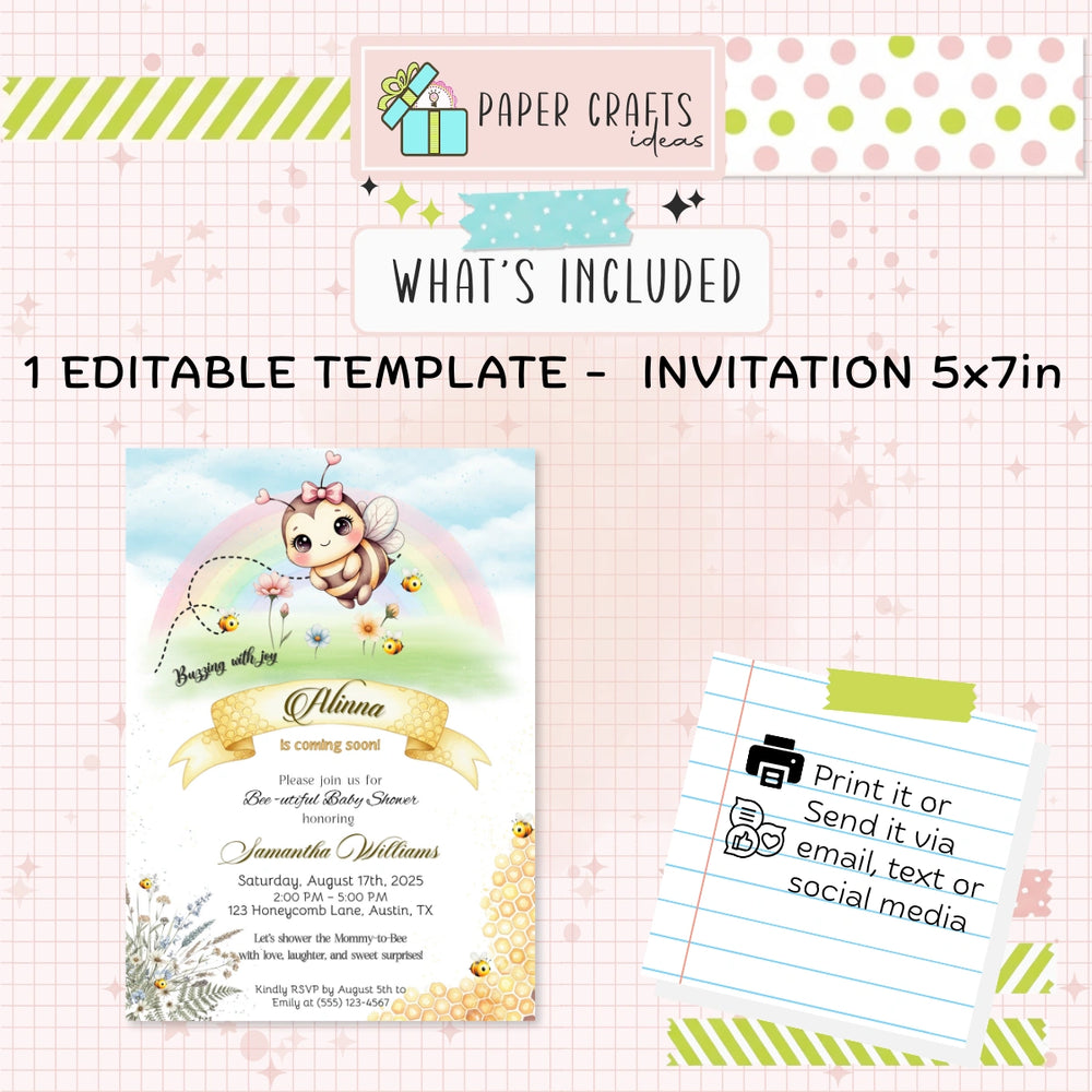Bee Baby Shower Invitation | Editable Mom-to-Bee Template | Cute Bumble Bee Theme | Instant Download Printable Invite