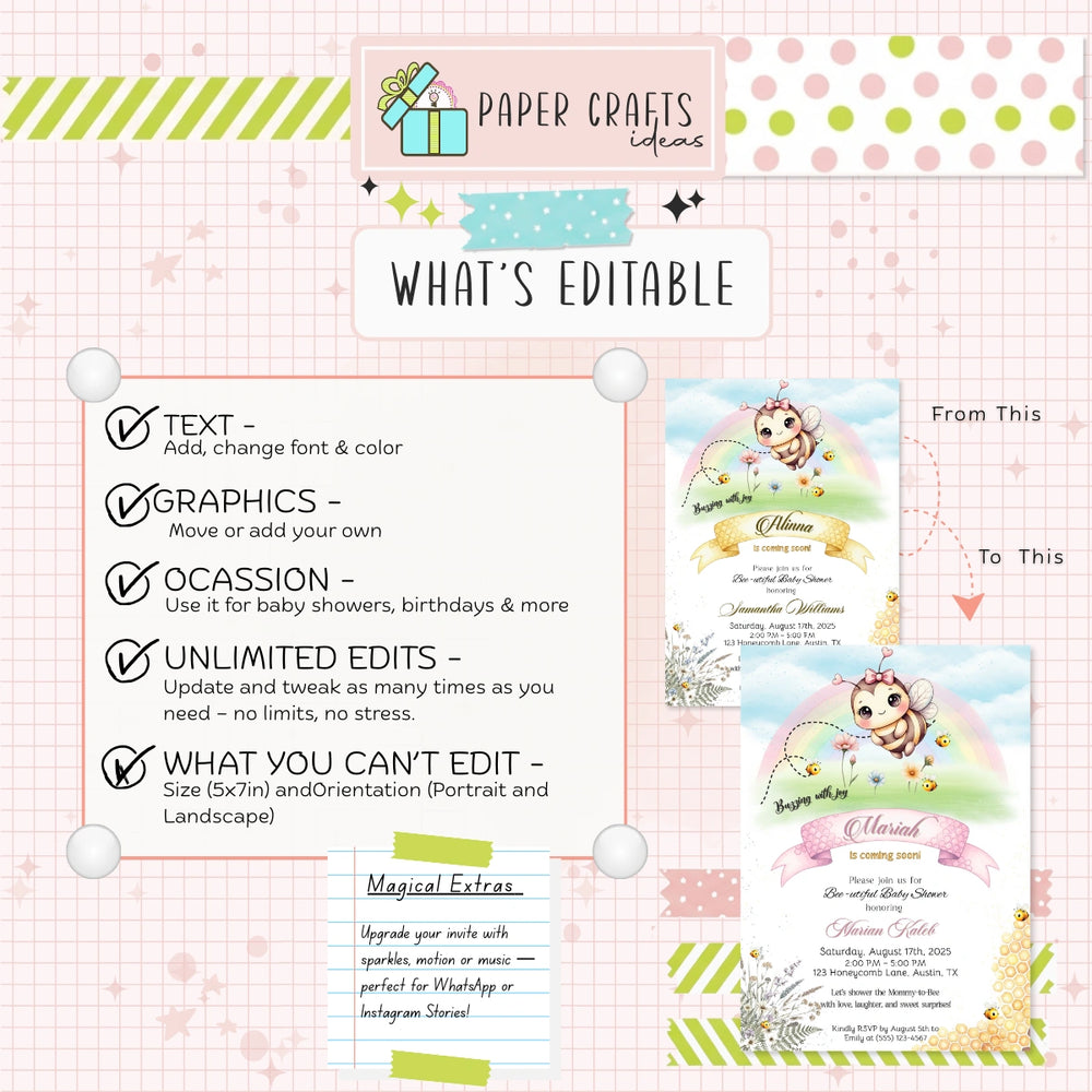 Bee Baby Shower Invitation | Editable Mom-to-Bee Template | Cute Bumble Bee Theme | Instant Download Printable Invite