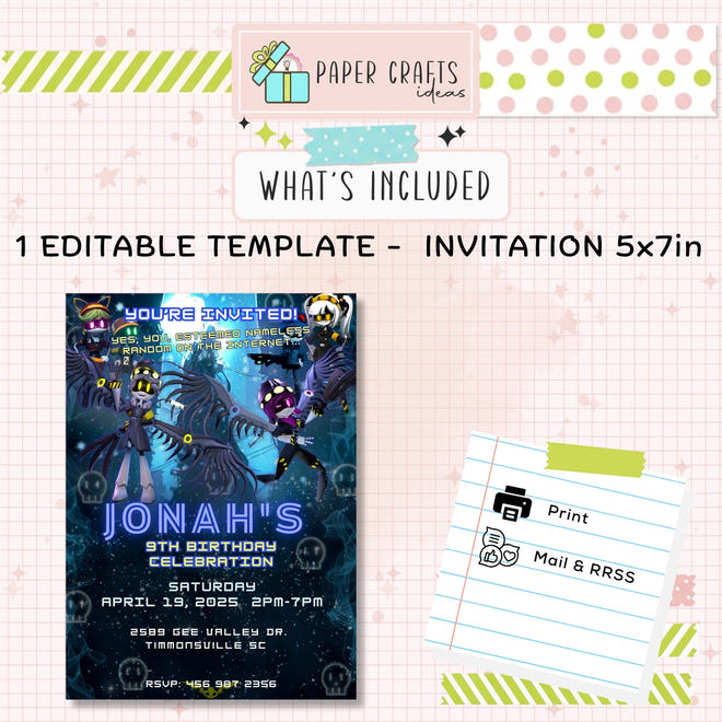 Personalized Murder Drones Birthday Invitation for Boys — Dark Theme Party Invite | Custom Name & Age