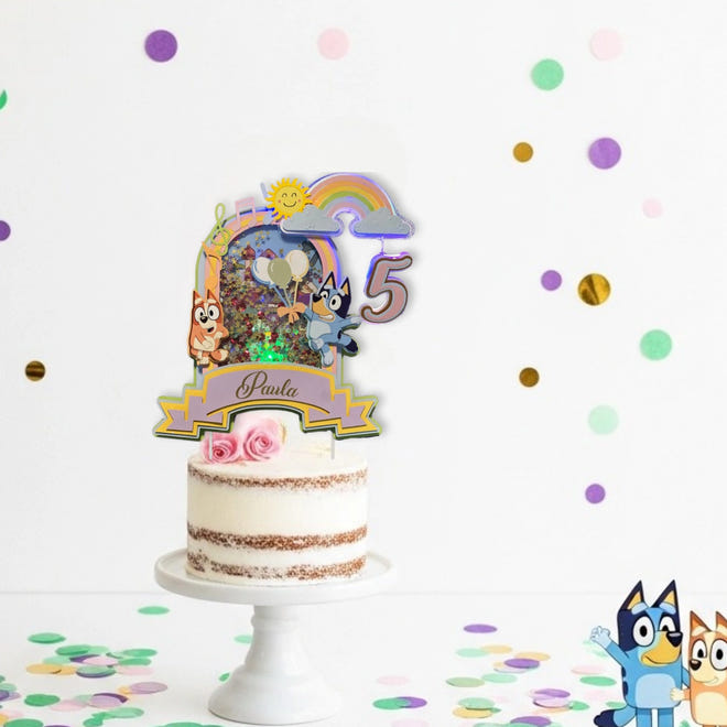 Bluey themed cake topper with lights for kids birthday cake