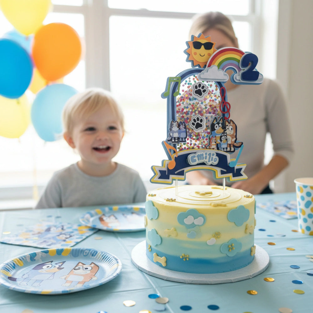 bluey themed cake topper custom name kids birthday decoration