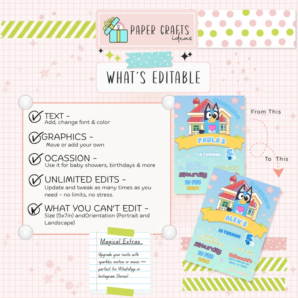 kids birthday invitation bluey theme editable template