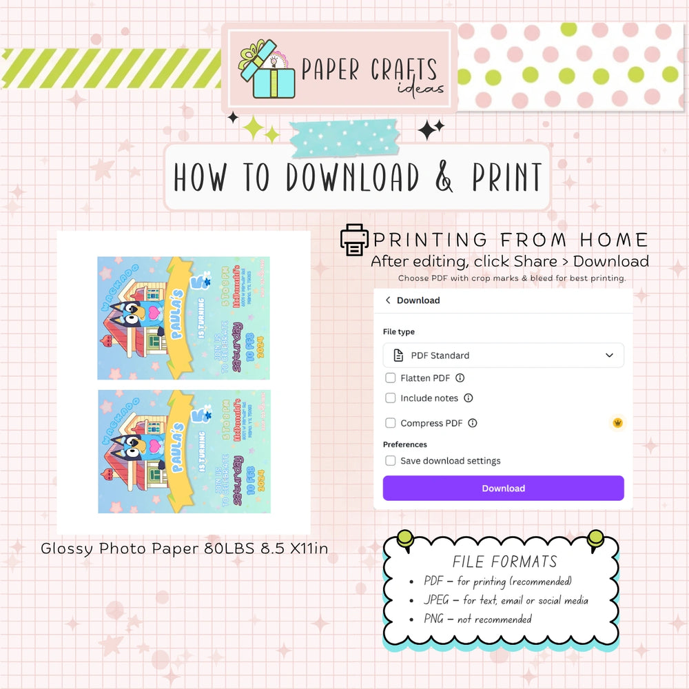 Instructions on how to download and print paper crafts with a focus on file formats and printing options.