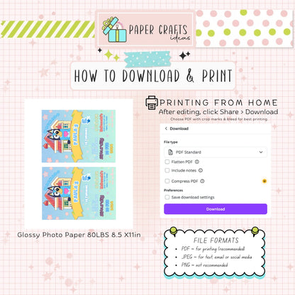 Instructions on how to download and print paper crafts with a focus on file formats and printing options.