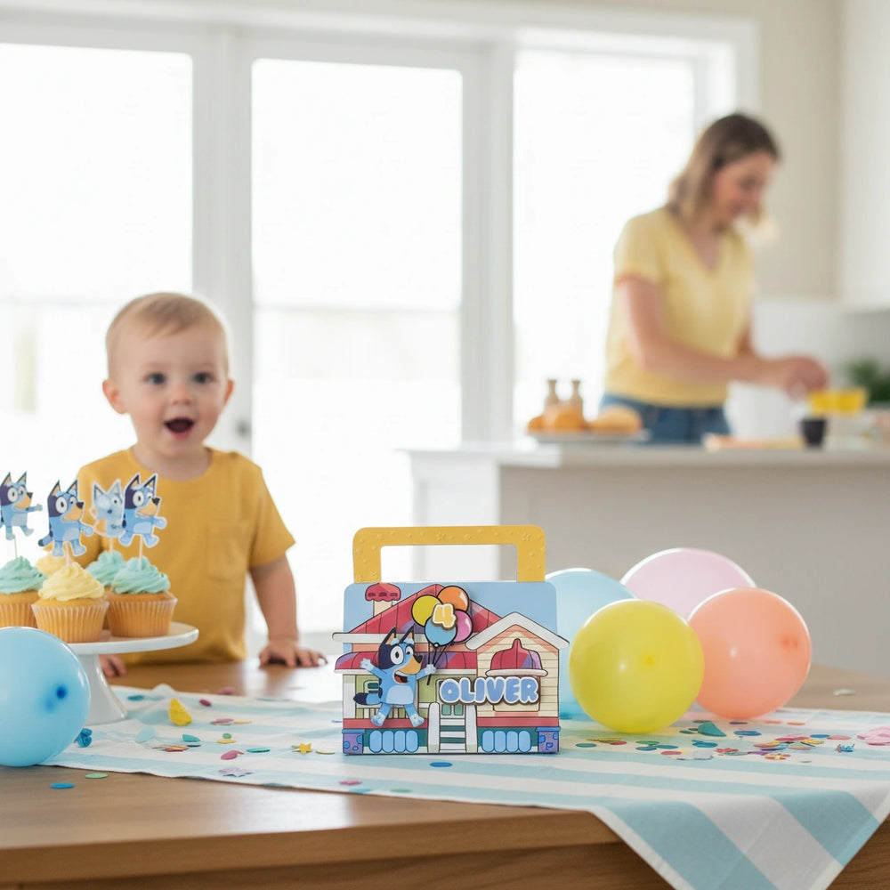 Child at a birthday party with balloons and a toy house, blurred background of a woman.