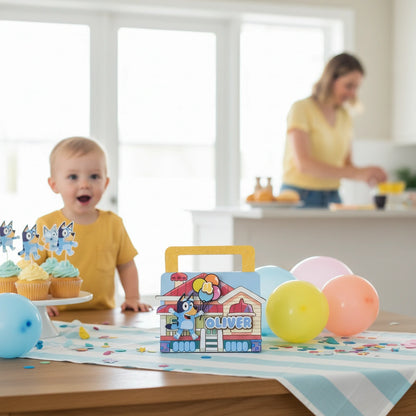 Child at a birthday party with balloons and a toy house, blurred background of a woman.