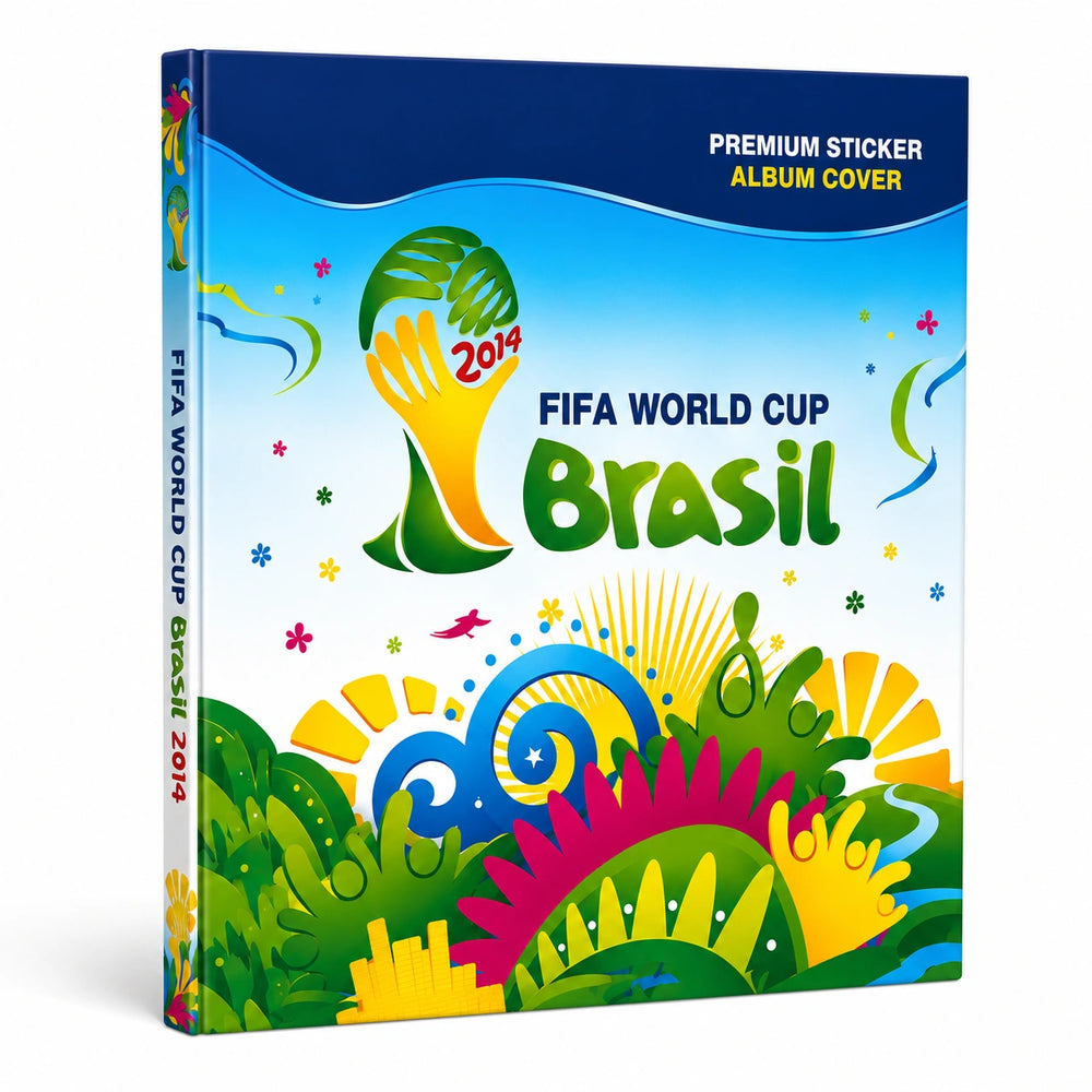 FIFA World Cup Brasil 2014 premium sticker album cover, featuring a vibrant multicolor design with green, yellow, blue, and red illustrations on a white background.